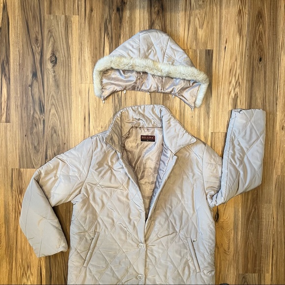 Bellina Tan Puffer Trench Coat with Detachable Fur-trimmed Hood - Size XL - Picture 3 of 11